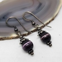 925 Sterling Silver - Purple Cat Eye Stone Beaded Dangle Earrings - £9.68 GBP