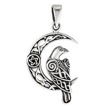 Norse Raven Pendant 925 Sterling Silver Crescent Moon Viking Crow Charm - £22.90 GBP