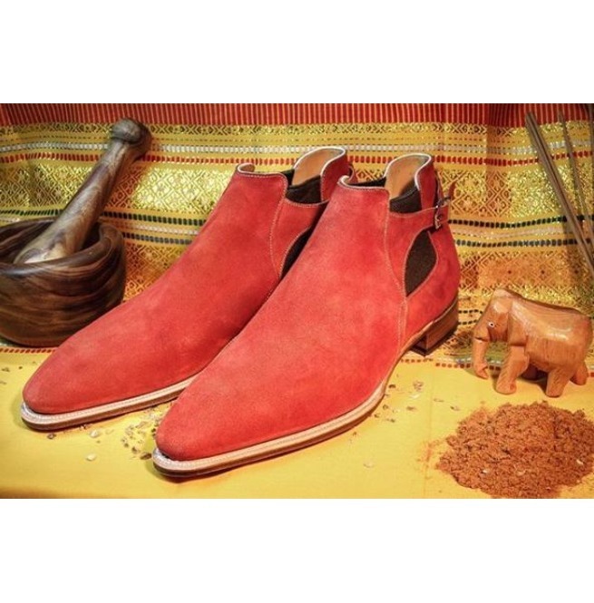 NEW Handmade Men Red Designer Buckle boot, Men Lace Up Chukka Derby Suede Dress