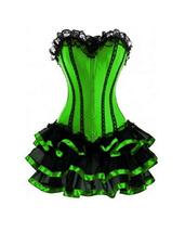 Green Satin Black Frill Tutu Skirt Goth Burlesque Corset Costume Overbust Dress - £63.52 GBP