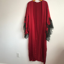 Gilda Pearl Silk Robe L Red Kimono Long Sleeve Black Chantilly Lace Ling... - £167.52 GBP