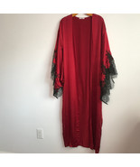 Gilda Pearl Silk Robe L Red Kimono Long Sleeve Black Chantilly Lace Ling... - £166.87 GBP