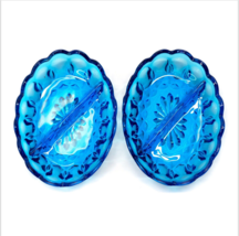 Pair Of Vintage Indiana Glass Aqa Blue Oval Divided Condiment Dish Thumbprint - £17.38 GBP