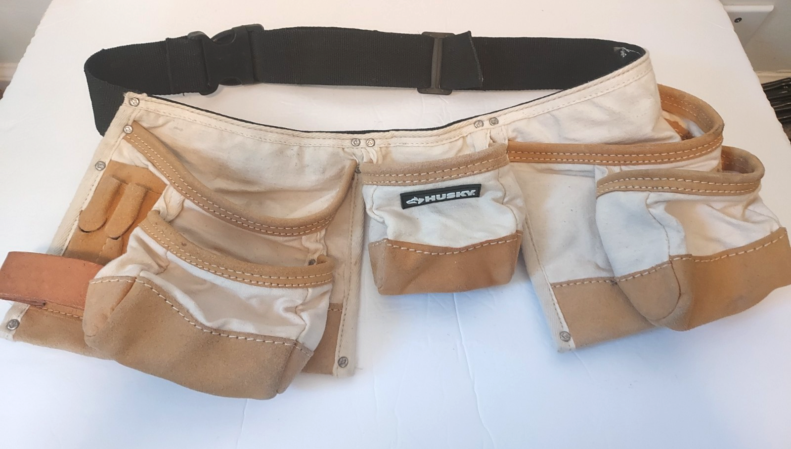 Husky Canvas/Leather Beige &amp; Brown Construction Tool Belt -5 Pockets - $16.81