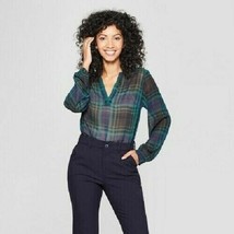 A New Day Women&#39;s Long Sleeve Plaid Popover Blouse Navy Size Small NWT - $17.99