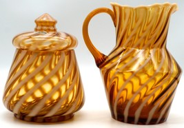 Vintage Fenton Art Glass Cameo Amber Opalescent Swirl Pitcher &amp; Covered Jar - $89.99
