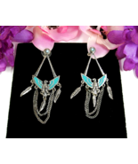 THUNDERBIRD DANGLE Pierced EARRINGS Vintage Dangle Feathers Chains Silve... - $16.82