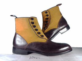 Men&#39;s Ankle High Button Boot Handmade New Men&#39;s 2 Tone Brown Suede Leath... - $149.99