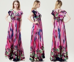 Unomatch Women Floral Printed Maxi Style Plus Size Gown Dress Purple - £19.86 GBP