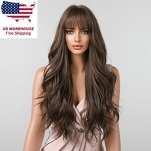 Long Brown Wig With Bangs,Synthetic Wavy Bang Brown Wigs For Women, Wome... - £31.85 GBP