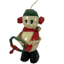 Vintage Papier Mache Christmas Ornament Snowman Wreath Retro MCM 4.5&quot; Decoupage - $32.19