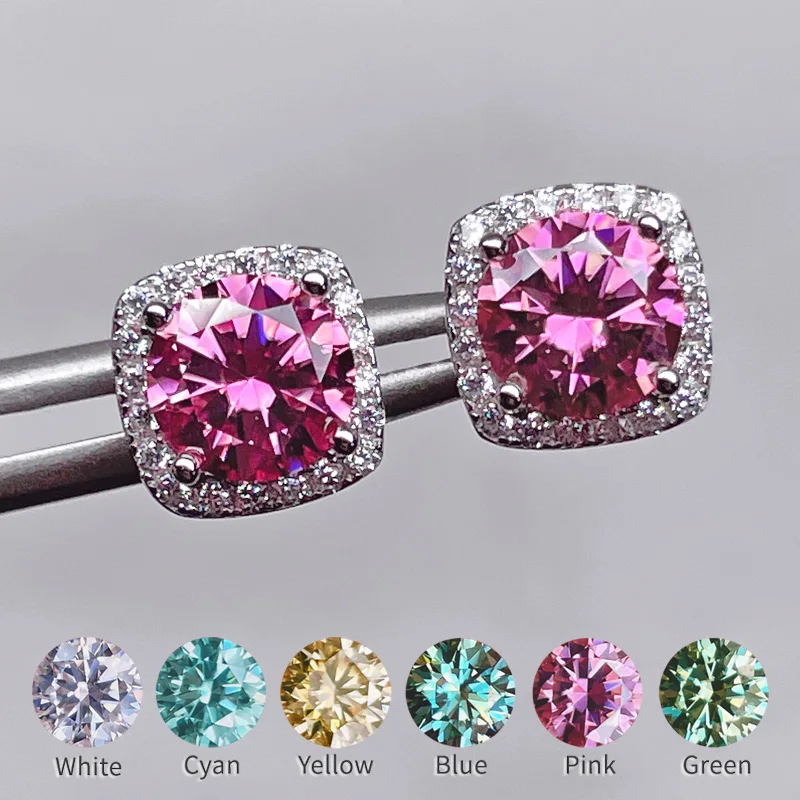 Real 100% Moissanite Studs Earrings Pink Blue Green Red Gemstone Diamond Earring - £88.03 GBP