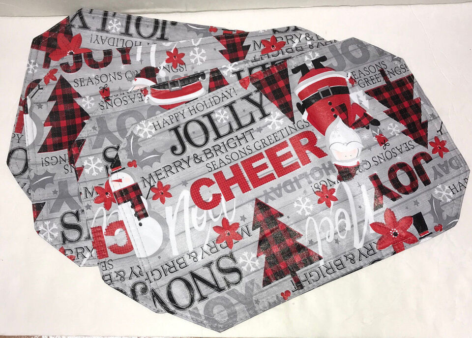 Santa Claus Snowman Placemats 12&quot; x 18&quot; Set of 4 Cheer Red Plaid Christm... - $4.45