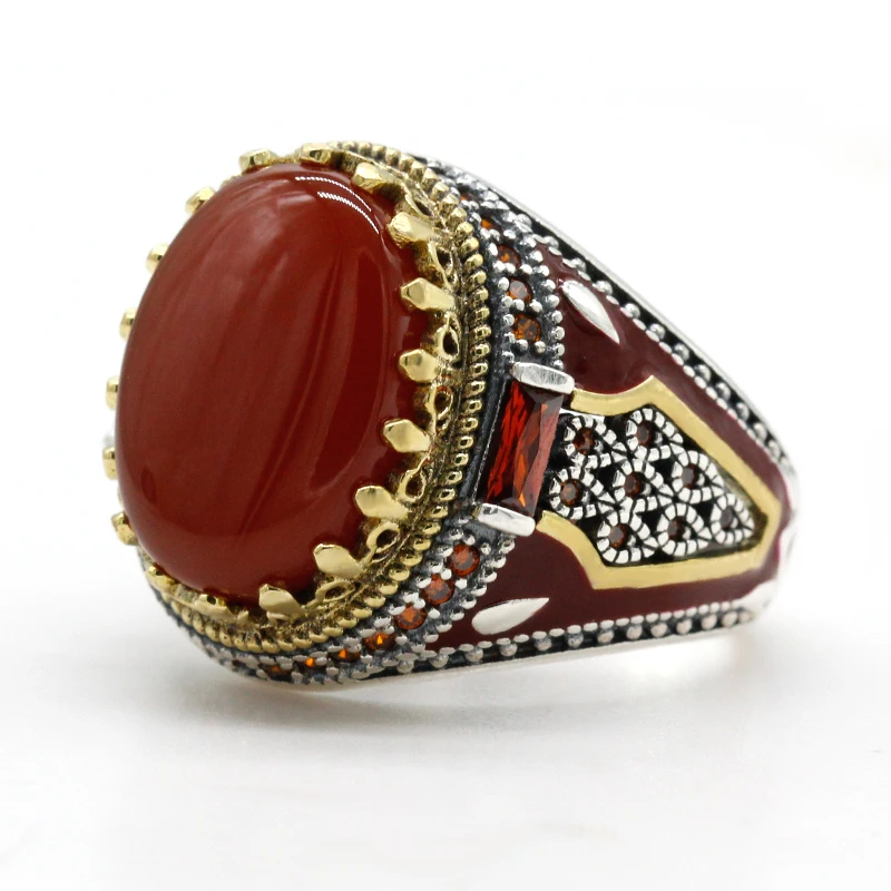 Natural Red Agate Stone 925 Silver Men&#39;s Ring Handmade Turkish Jewelry Vintage K - £56.29 GBP
