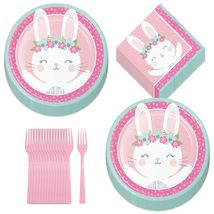 Birthday Bunny Pink Floral Boho Paper Dinner Plates and Luncheon Napkins (Serves - £13.63 GBP