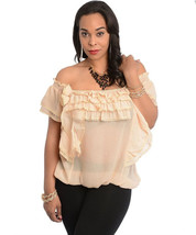 7Colors Ladies Sheer Top Beige Ruffled-Off-Shoulder-Square-Neck Size S - $24.99