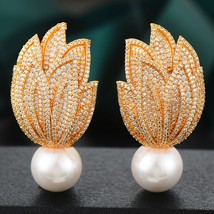 Luxury Trendy Leaf Big Earring For Women Wedding Party Imitation Pearl Cubic Zir - £43.44 GBP