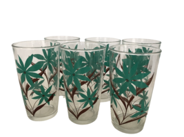 Vintage Drinking Beverage Glasses Set 6 Turquoise Flower Brown MCM Tropic Glass - £36.07 GBP