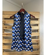 MICHAEL Michael Kors Blue Black Geometric Tie Neck Career Top Size M BBL JD - $128.08 MXN