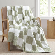Checkered Throw Blanket - Sage Green Microfiber Soft Cozy and Warm Throws, Hand - £29.98 GBP
