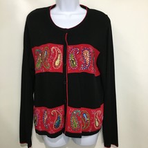 Jack B Quick PL Black Red Paisleys Sequins Beads Cardigan Vintage Button FLAWS - £23.41 GBP