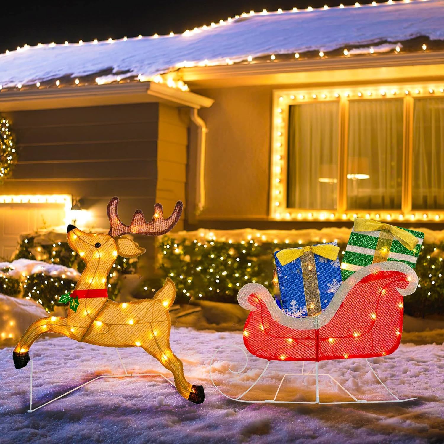 Christmas Outdoor Decorations Yard, Pre-Lit Lighted 2D Santa Sleigh Reindeer Wit