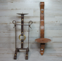 Lot 2 Metal Faux Leather Belt Style Candle Holder - Wall Hang and Footed - Brown - £33.98 GBP