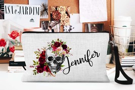 Skull Cosmetic Bag, Personalized Makeup Bag, Linen Zipper Pouch, Gothic Bag, Sku - £12.57 GBP