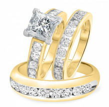 3 Pcs Wedding Band Trio Ring Set 14K Yellow Gold Over 3.00 Princess Cut Diamond  - £126.60 GBP