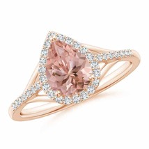 ANGARA Pear-Shaped Morganite Ring with Diamond Halo for Women in 14K Solid Gold - £836.22 GBP