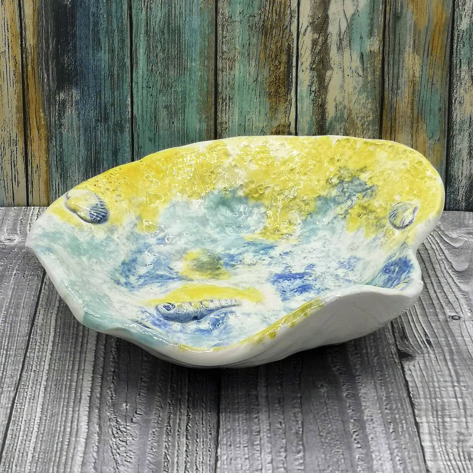 Primary image for Artisan Large Fruit Bowl, Handmade Ceramic Centerpiece Bowl With Seashell Decor