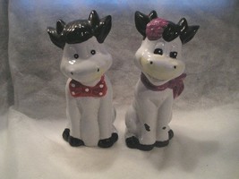 PAIR OF SITING &amp;  SMILING  COWS PIGGY BANKS - BOY &amp; GIRL w/BOW TIE AND S... - $14.85