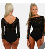 Women Black Lace Lattice Sleeve Bodysuit Bodice LEOTARD PARTY Top Size M... - $16.99