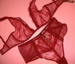 Victoria&#39;s Secret unlined 32D BRA SET M high-waist thong wine RED burgundy lace - £47.36 GBP
