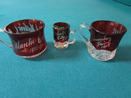 Red Ruby Glass Souvenir 3 Cups Atlantic City 1900s Personalized Mom Dad Child - £59.53 GBP