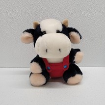 Dakin Vintage 1986 Squeak Plush Cow Baby Stuffed Animal 6.5&quot; Red Overalls - £19.49 GBP