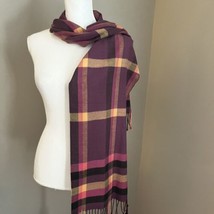 100% Cashmere Scottish Scotland Scarf Fringed Knit Purple Pink Orange Plaid - £9.35 GBP