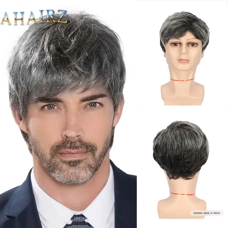 Short Mixed Gray Synthetic Hair Wigs Natural Pixie Cut Toupee Straight Wave He - £18.93 GBP