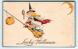 Halloween Postcard Witch On Broom Holds Hand Mirror Moon Fantasy Anthropomorphic - $137.75