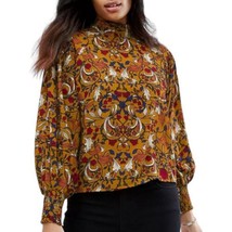 QED London Floral High Neck Top Lrg Blouse Mustard Smocked Balloon Sleeves Flowy - £21.16 GBP