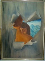 Vtg Signed Surrealistic Oil Painting, Peek Through a Ripped Wall 43 x 58 cm - £151.57 GBP