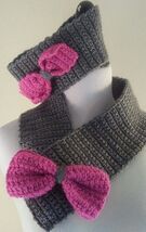 Handmade Scarf Set Matching Head Wrap Knit Ear Warmer Gray Pink Bow Closure - $9.58