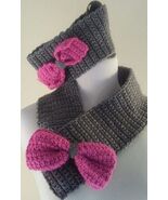 Handmade Scarf Set Matching Head Wrap Knit Ear Warmer Gray Pink Bow Closure - $13.49 CAD