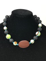 20&quot; Round Beads Eclectic Necklace Black White Green Blue Handmade - £39.47 GBP