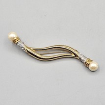Vtg Avon Brooch Pin Oversized Gold Tone Faux Pearl Split Bar Rhinestone ... - $19.99