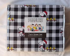 New Peanuts Snoopy Woodstock Santa Hat Twin Sheet Set Black/White Buffalo Plaid - £37.77 GBP