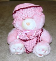 Pink Plush 18&quot; Teddy Bear with Hand Crocheted Pink &amp; Wine Outfit - $10.95