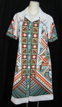 VTG Mod Geometric Graphic Print Shirt Dress 12 Waitress Of White Teal Orange Art - £30.75 GBP