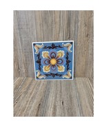 Vintage Blue Ceramic Folk Art Trivet Tile, Floral Tulips - £17.46 GBP