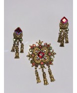 Vintage FLORENZA Unsigned Tassel Brooch Pin &amp; Earrings Rhinestone Pearl ... - $62.97